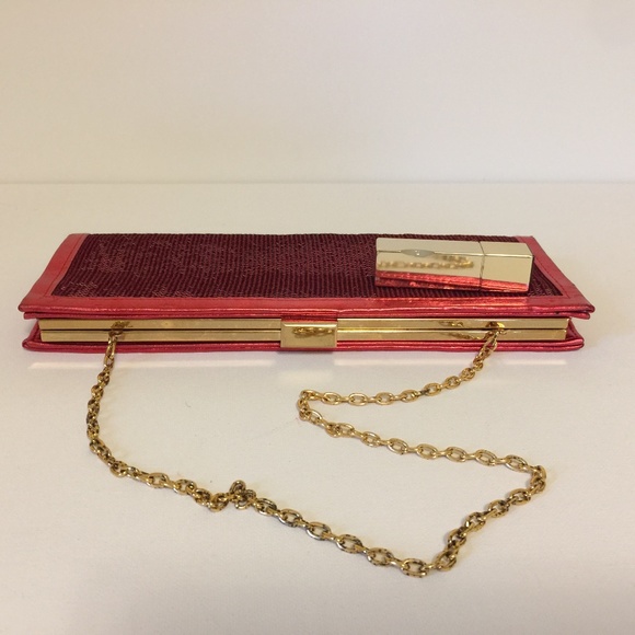 Scarlet Red Evening Party Sequins Clutch Gold Chain - Picture 8 of 9